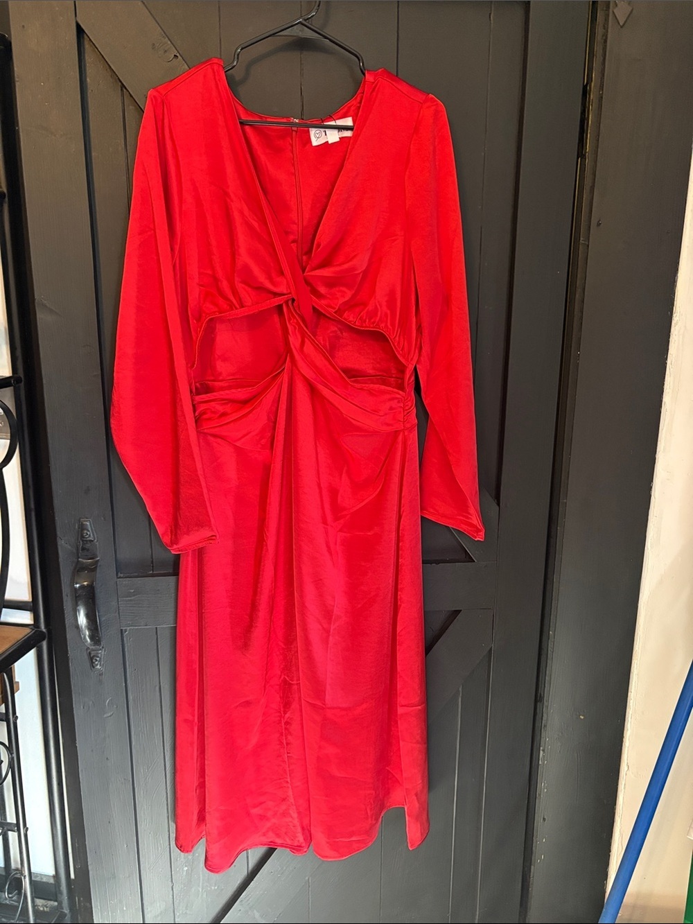 Red Twist-Front Long Sleeve Midi Dress